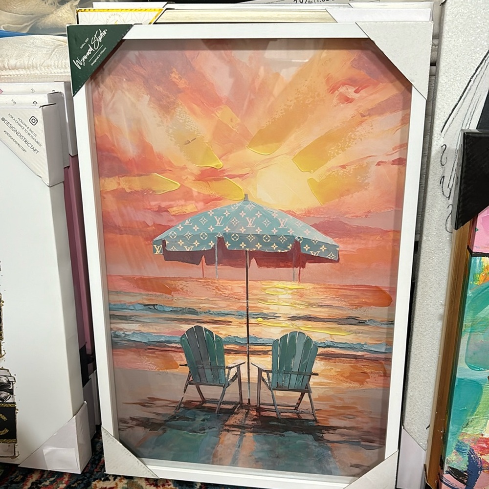 Sunset Beach Umbrella Wall Art - White Frame, Teal & Coral